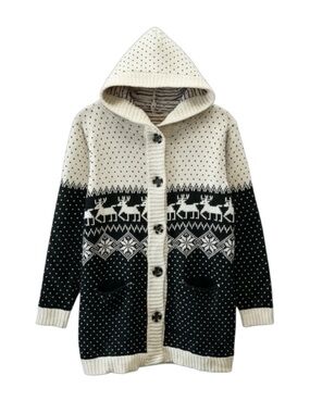 Hand Knit Cardigan Sweater Fair Isle Handmade Christmas Holiday Beige Black Smal